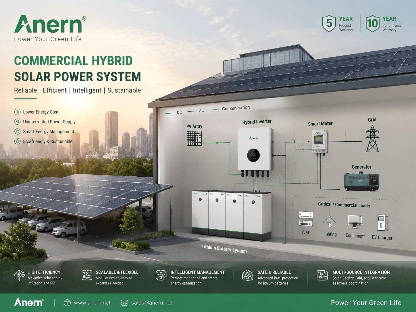 Technical schematic of a complete commercial hybrid solar power system with lithium battery storage and generator integration