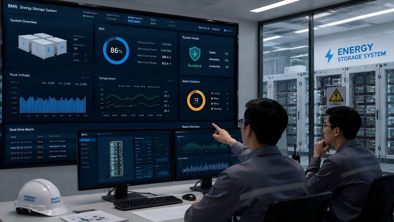 Engineers monitoring a commercial lithium battery storage system with advanced BMS software